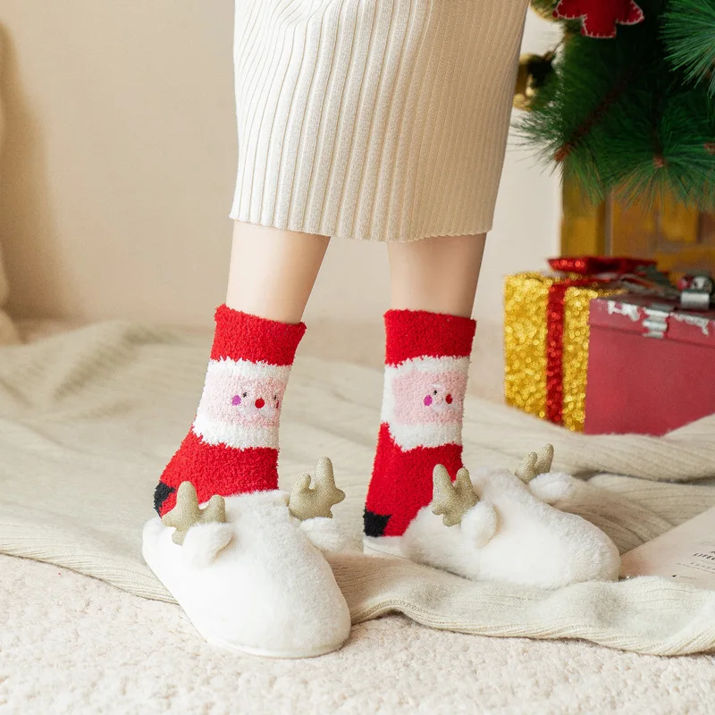 3 Pairs/Packs Winter Coral Velvet Female Socks Christmas Socks Thickened Warm Couple Socks Cute Cartoon Snow