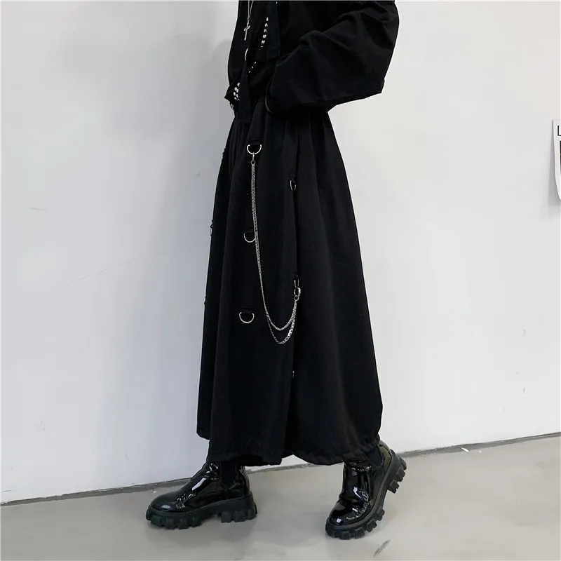 

Men Metal Chain Causal Loose Casual Wide Leg Pant Male Japan Style Streetwear Gothic Punk Kimono Skirt Pants