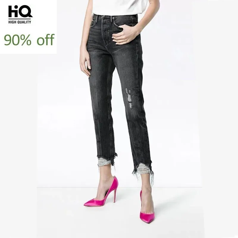 Высокое качество модные женские Высокая талия рваные джинсовые штаны прямые Ankele