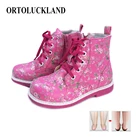 Ботинки ортопедические для девочек, повседневная обувь из искусственной кожи, на шнуровке, с милым цветочным принтом, весна-осень