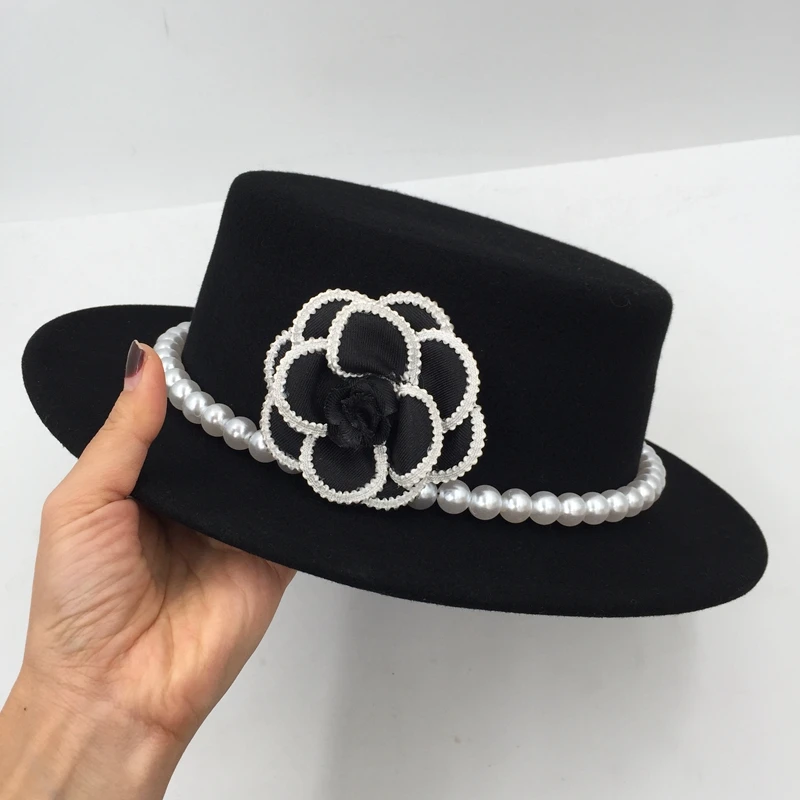 winter wool hat for women Socialite hat female English French pearl flower ceiling short images - 6