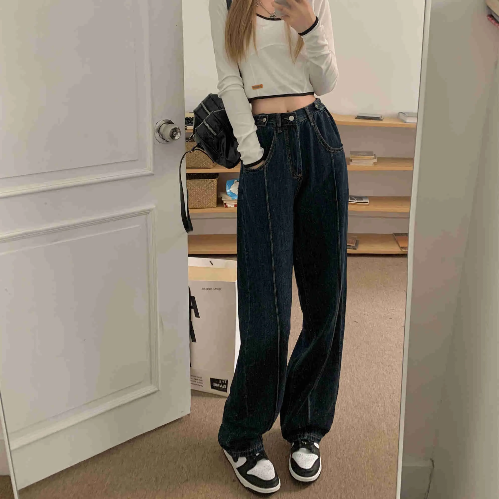 

Jeans Women's Wide Leg Dad Pants Design Sense Versatile Straight Pants Autumn and Winter High Waist Slim Floor Mops