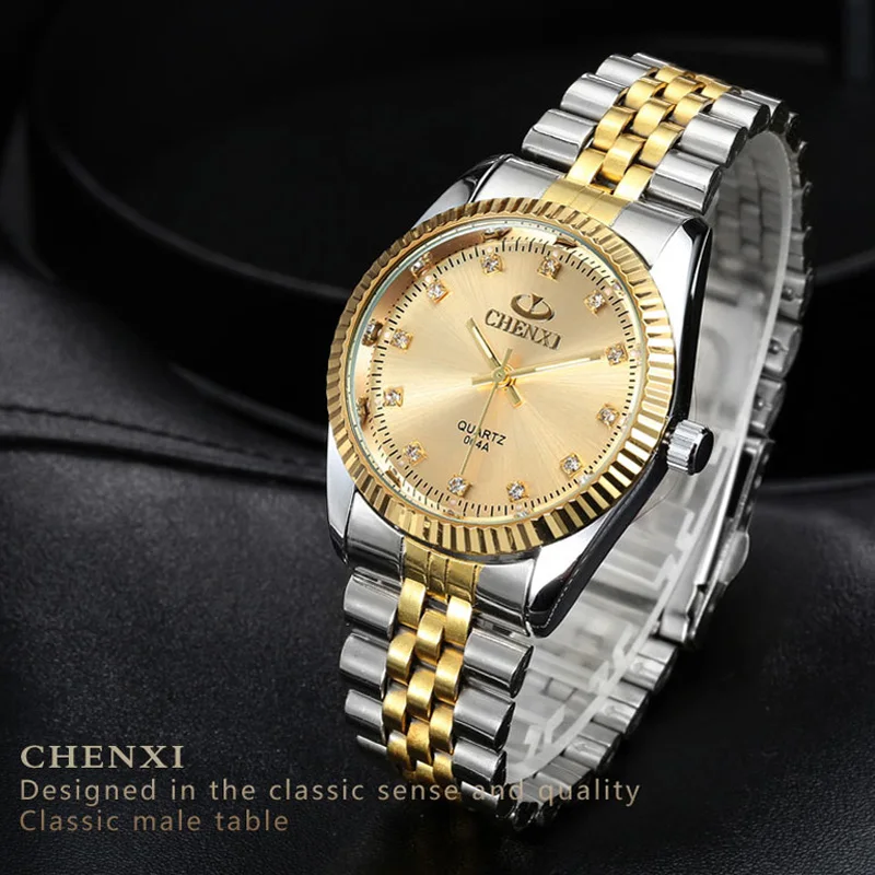 Роскошные мужские часы CHENXI серебряные между золотом Стразы Наручные для