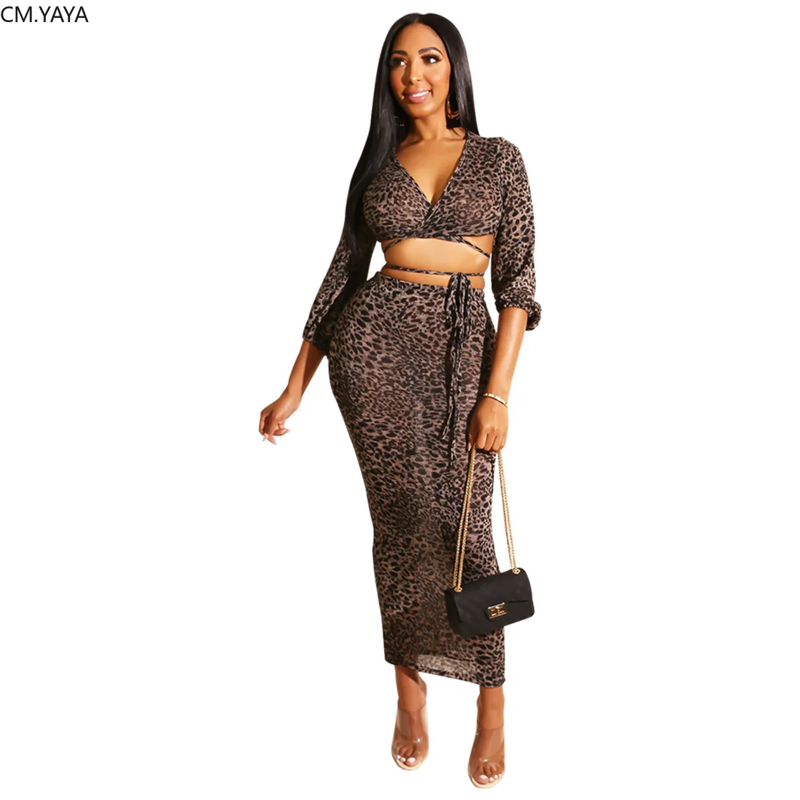 Осенний женский укороченный топ на шнуровке с леопардовым принтом костюм