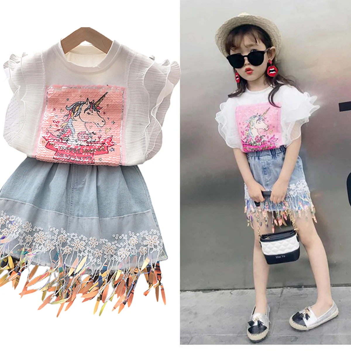 

Летний модный комплект детской одежды для девочек, топ с круглым вырезом и джинсовая юбка с мультяшным принтом, комплект из 2 предметов, одеж...