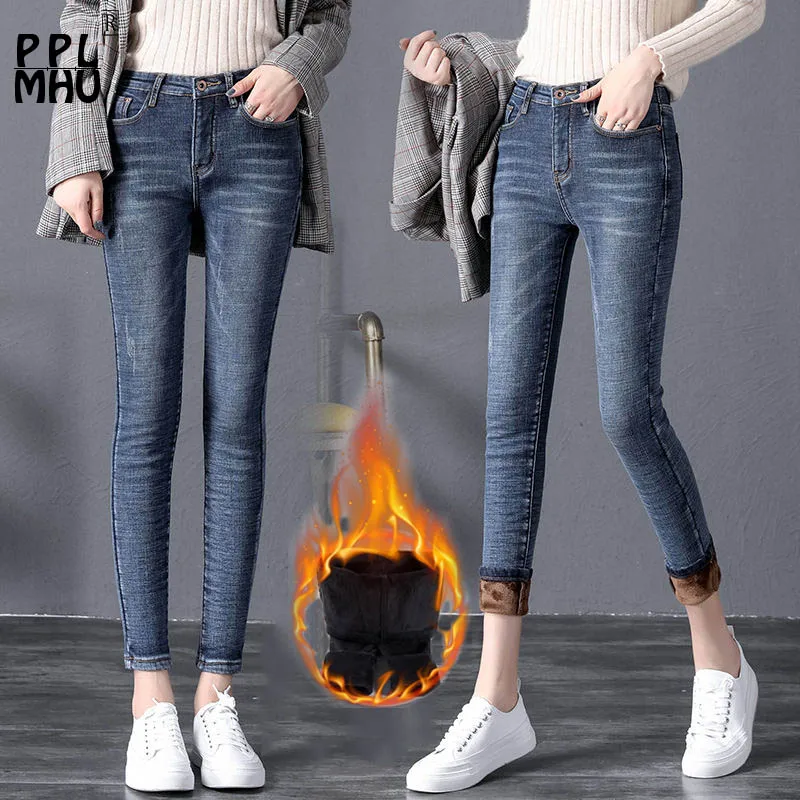 Супер теплые зимние джинсы размера плюс повседневные тонкие стрейчевые брюки с