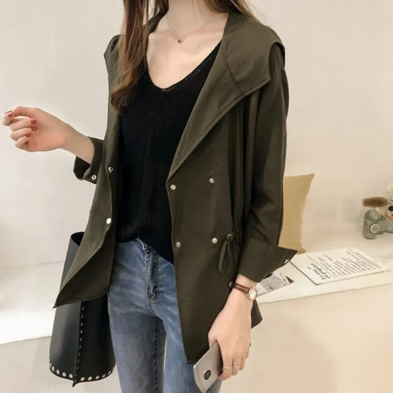 

Autumn Loose Hooded Windbreakers Women Boyfriend Style Casual Long Sleeve Jacket New Solid Color Office Lady Outerwear