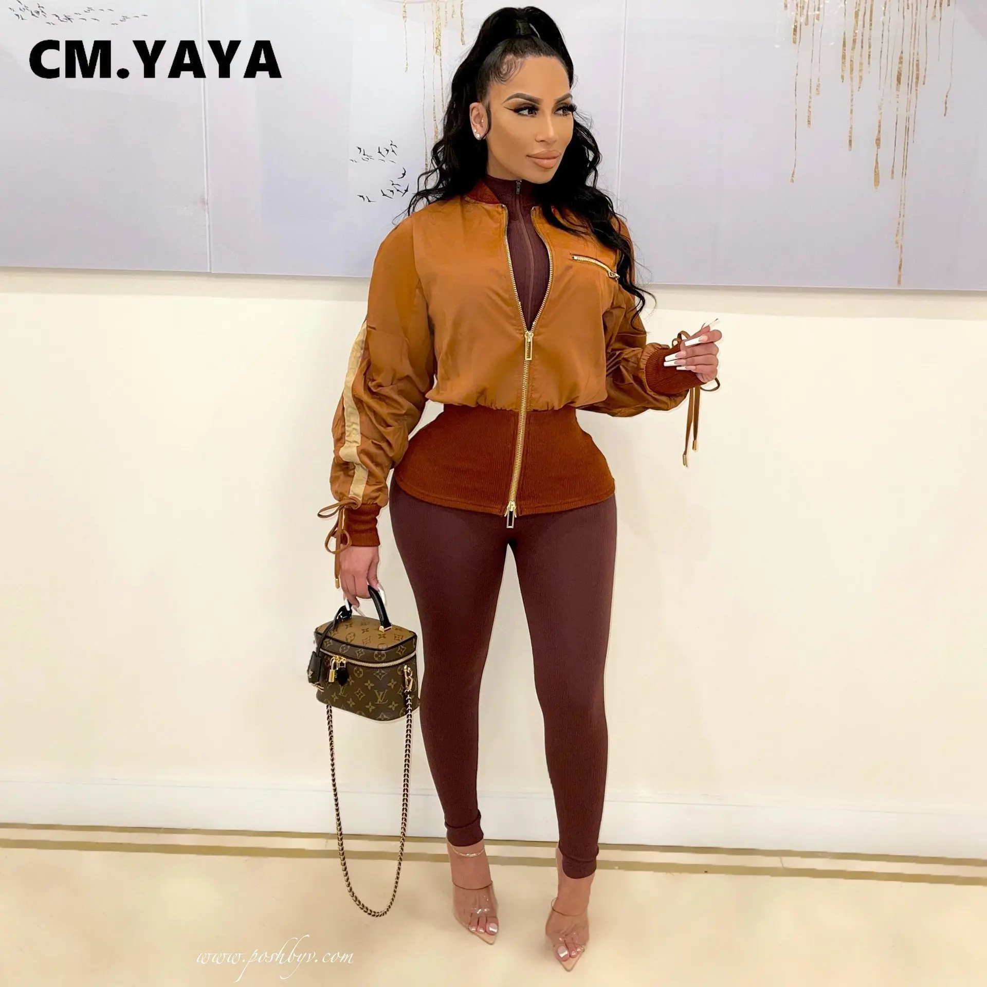 Женская куртка на молнии с длинным рукавом CM.YAYA элегантная уличная отложным