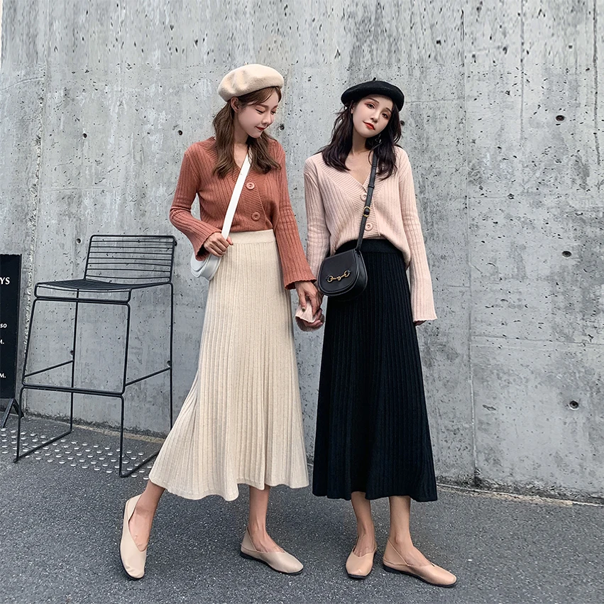 Зимняя женская Плотная юбка-свитер с эластичной высокой талией плиссированная