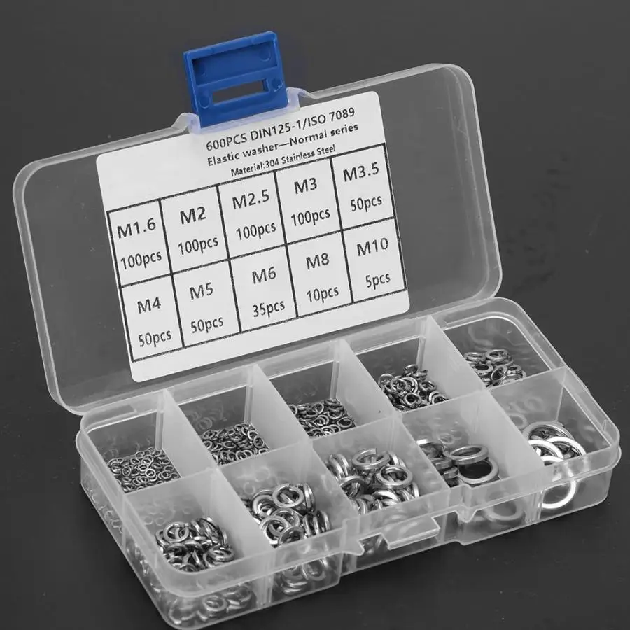 600Pcs Elastic Washers Stainless Steel Gaskets Spring Pad Assortment Kit M1.6 - M10 Fasteners Hardware Lock Tools | Обустройство дома