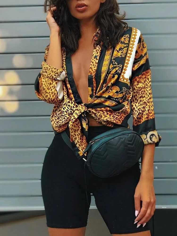 Женская офисная блузка с леопардовым принтом элегантная рубашка на пуговицах