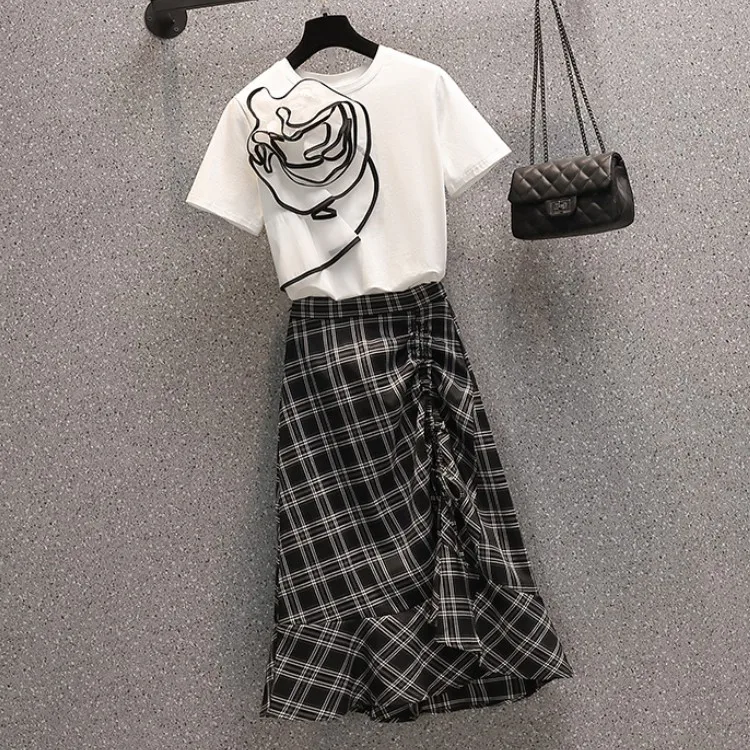 

2021 Summer Two piece set Elegant Fashion Chic Flowers T-Shirt Top + Plaid Drawstring Mermaid Skirts Office OL Casual Outfits