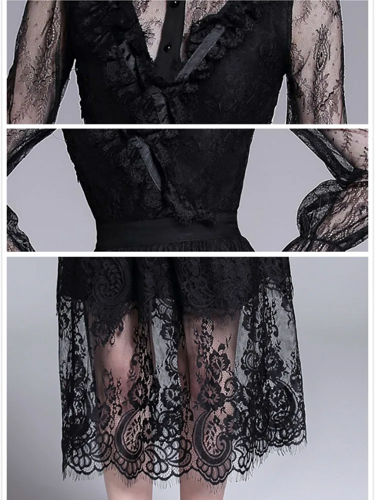 

Spring New Sexy Lace Hollow Out Medium Long Dress Women Fashion Casual Lace Patchwork Mesh Long Sleeve Female Dresses Vestidos