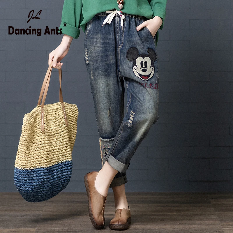Женские джинсы бойфренд для женщин мама шаровары мультфильм мышь брюки mujer femme