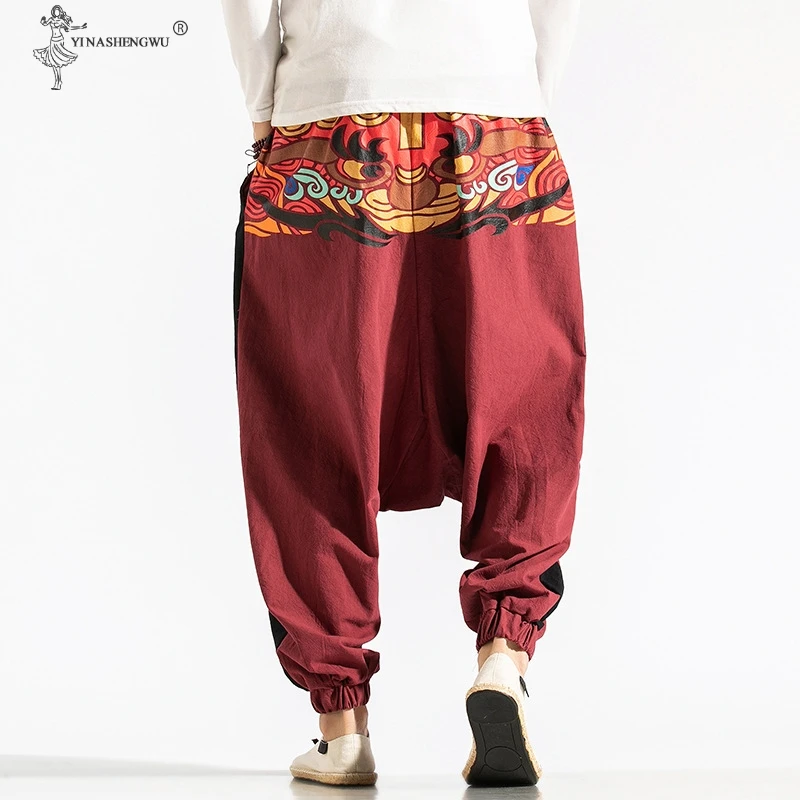 Мужская мода японский Стиль печать костюм самурая штаны-шаровары брюки для