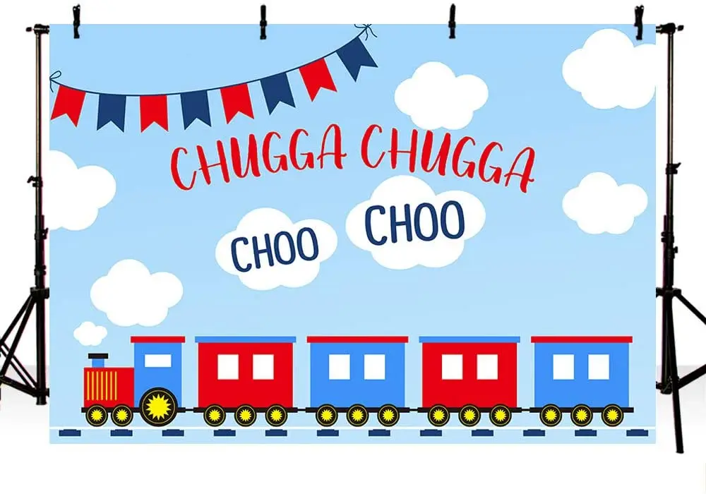 Enlarge Red Blue Train Birthday Party Boys Photography Background Chugga Chugga Blue Sky White Clouds Choo Choo Backdrops