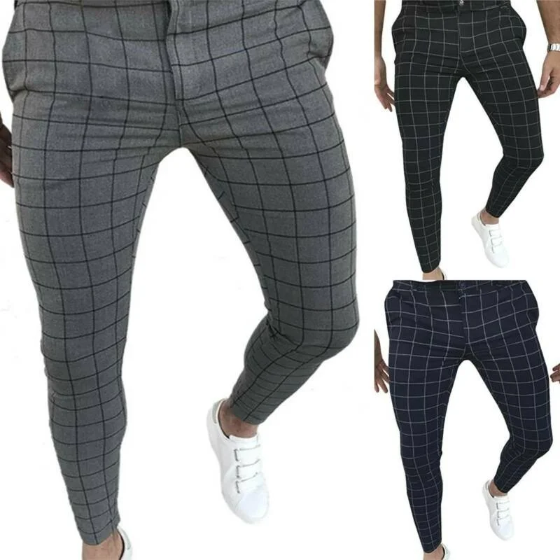 

Men's Plaid Slim-Fit Pencil Pants Formal Casual Wedding Business Slim Trousers