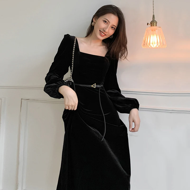 

[EAM] Women Temperament Long Black Velvet Dress New Square Collar Long Sleeve Loose Fit Fashion Tide Spring Autumn 2021 1DD5238