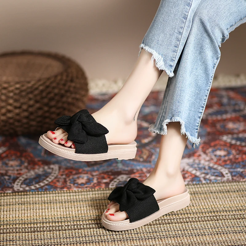 

Flat Shoes Female House Slippers Platform Butterfly-Knot Low Slides Fashion Slipers Women Soft Summer Luxury 2021 Butterfly-knot