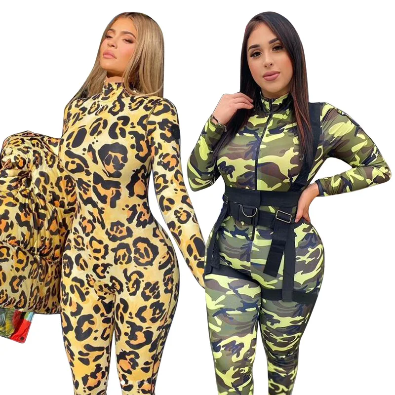 

Leopard Camouflage Print Rompers Womens Jumpsuit Turtleneck Full Sleeve One Piece Overalls Streetwear Retro Party Club Bodysuit