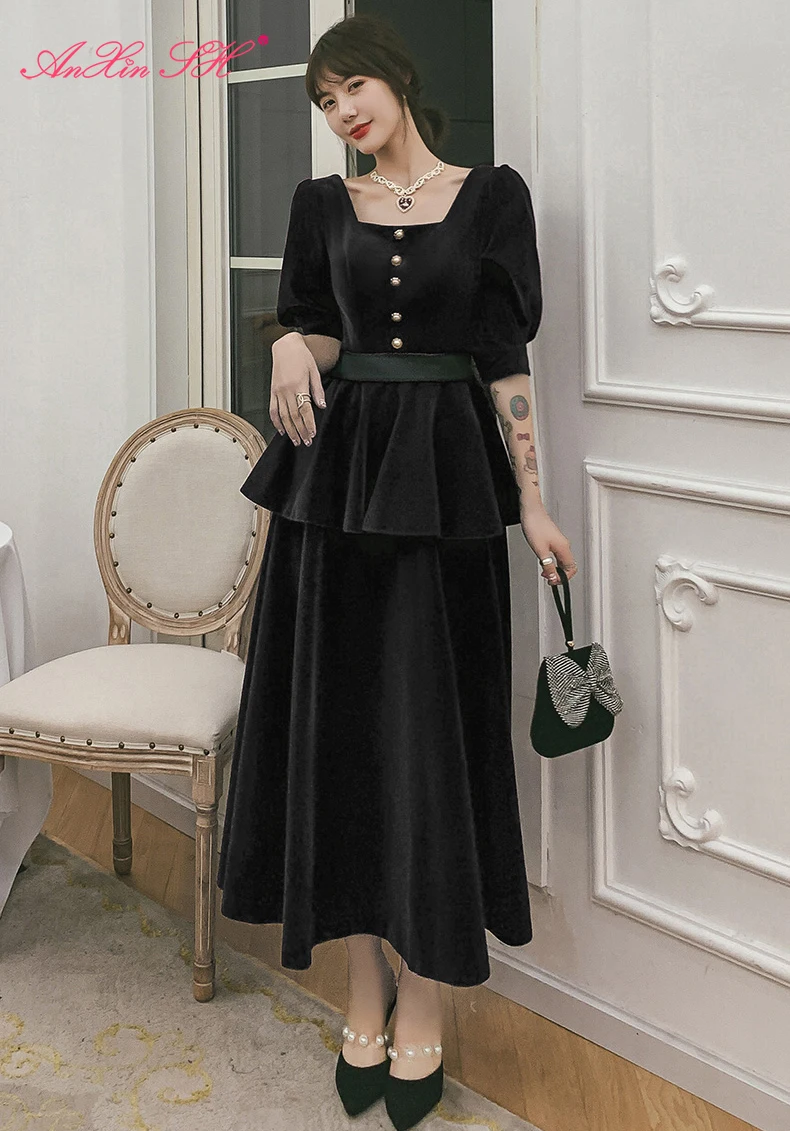 AnXin SH принцессы вечерние черные бархатные Милая Половина рукава вечернее платье