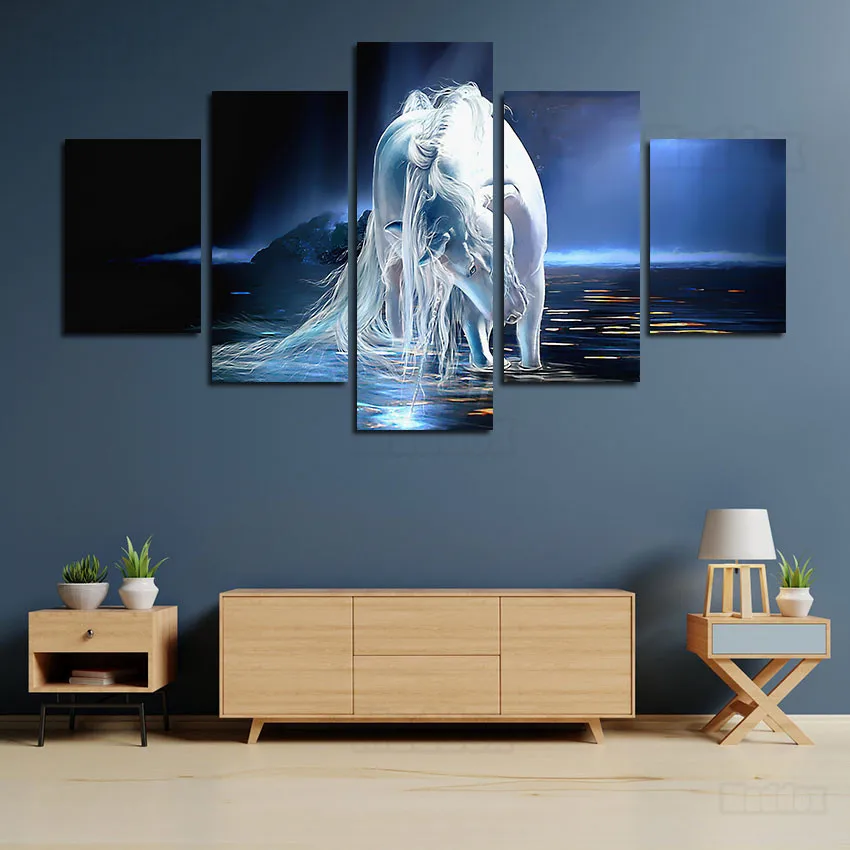 

Animals Canvas Painting Beautiful Dreamy White Horses Play In The Water Wash and Tidy Up Their Hair Bedroom Home Decor Pictures