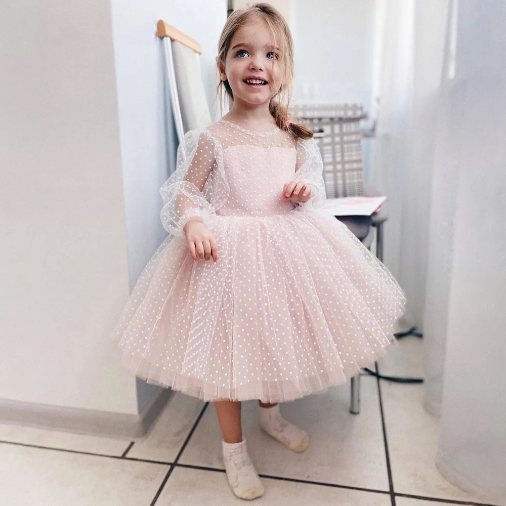 

Polka-dot Tulle Flower Girl Dresses Illusion Long Sleeves Knee Length Wedding Party Dress Communion Dress Birthday New Year