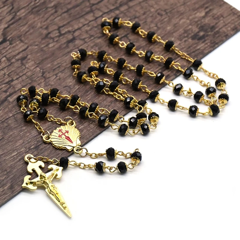 QIGO Santiago Cross Rosary Necklace Gold Black Crystal Catholic Religious Jewelry | Украшения и аксессуары