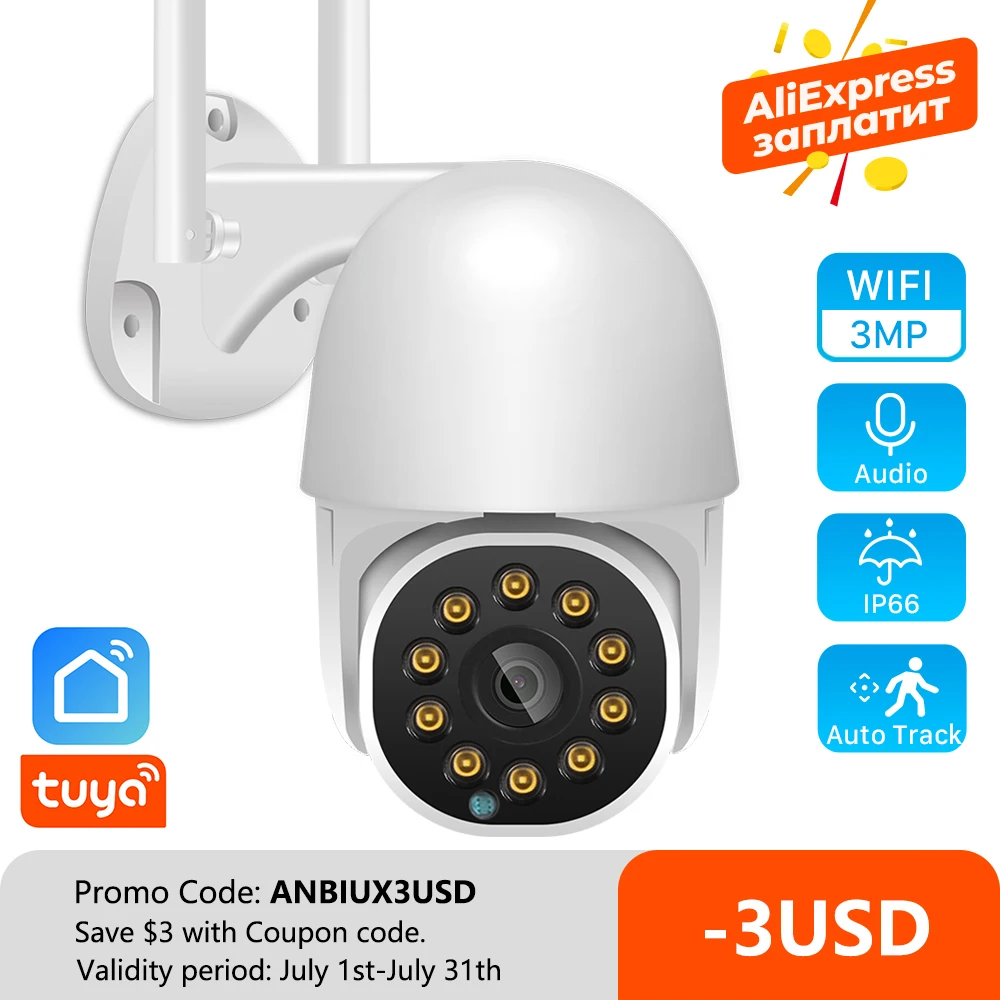 

3MP Tuya Smart Wifi IP Camera Outdoor 2MP AI Human Auto-Tracking PTZ Camera 1080P 4X Digital Zoom Color Night Vision CCTV Camera