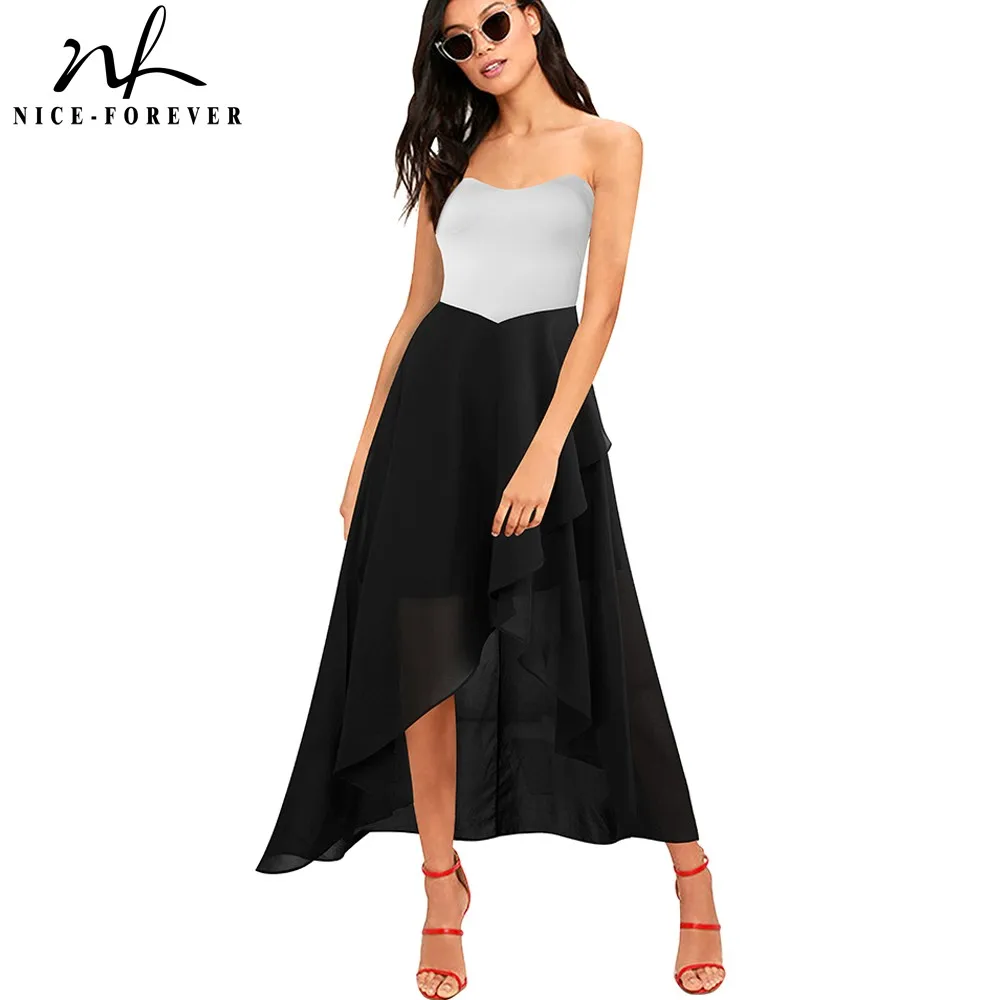 

Nice-forever Summer Women Classy Black and White Patchwork Dresses Sexy Club Party Flare Maxi Dress bty509