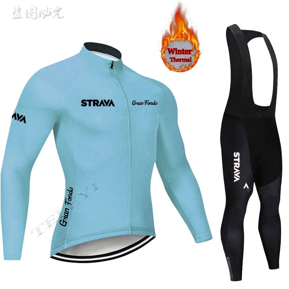 Мужской теплый флисовый комплект из джерси и велосипедных штанов STRAVA TEAM модель 9D