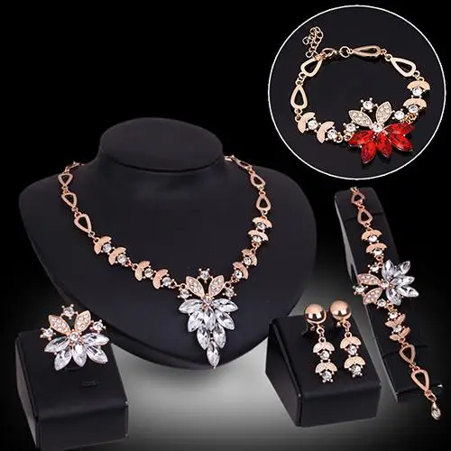

HOT SALES！！！New Arrival Women's Wedding Bracelet Necklace Jewelry Set Clear Crystal Statement Ring Earrings Wholesale Dropshippi