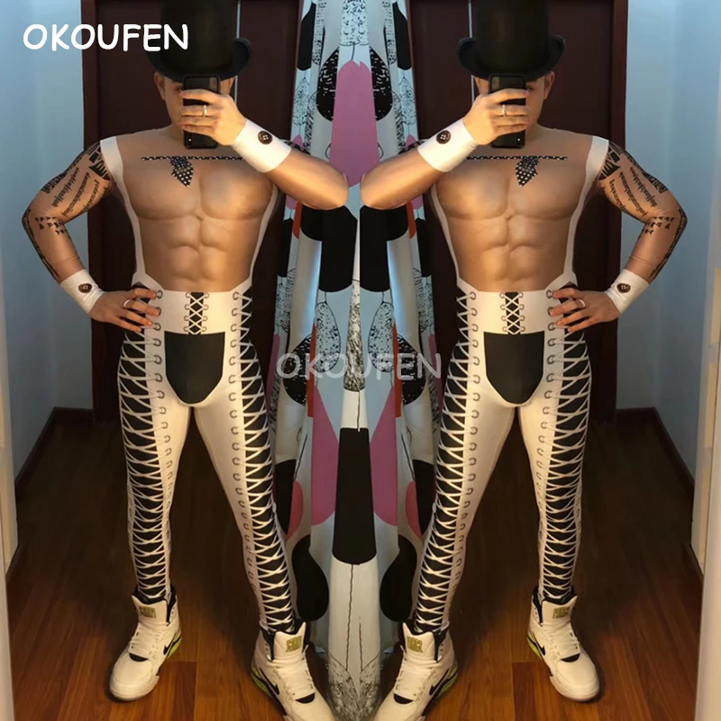 Мужской вечерний костюм белый с имитацией мускулов для ночных клубов Dj ds |