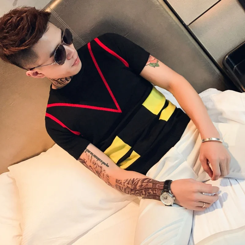 

Half sleeve sweaters 2019 NEW men round collar short sleeve render knitted T-shirt color T-shirt of cultivate one's morality