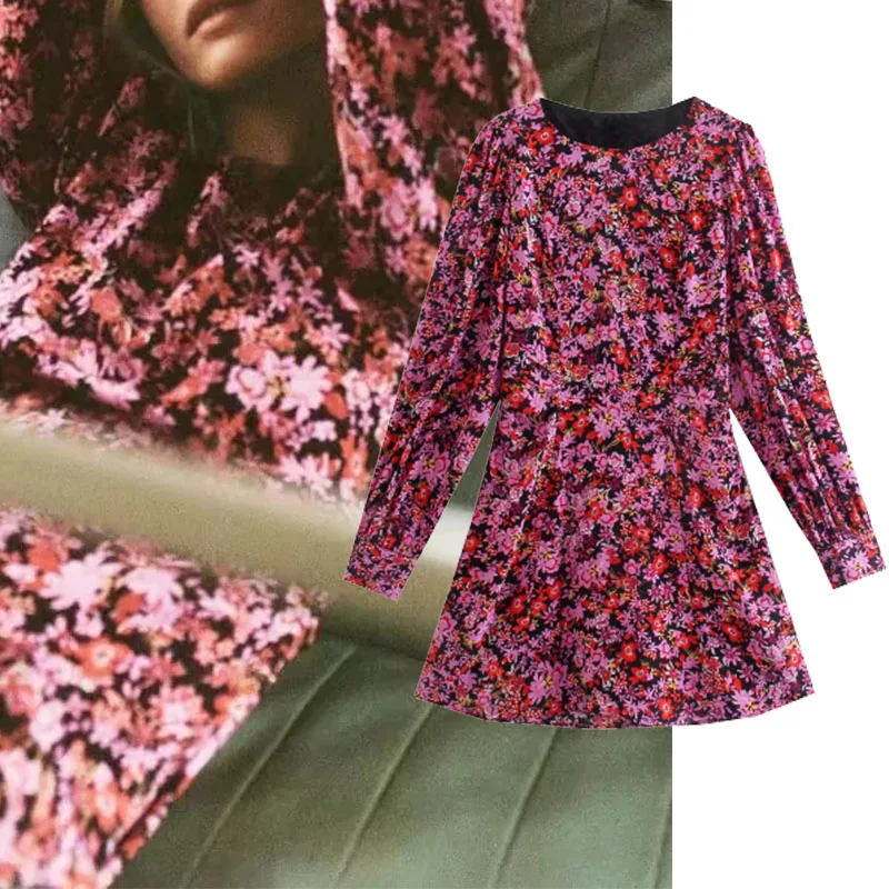 

Xypskh Za Women 2021New Fashion Floral Print Mini Dress Vintage Long Sleeve Rear Hollow out Wrap Female Dresses Vestidos Mujer