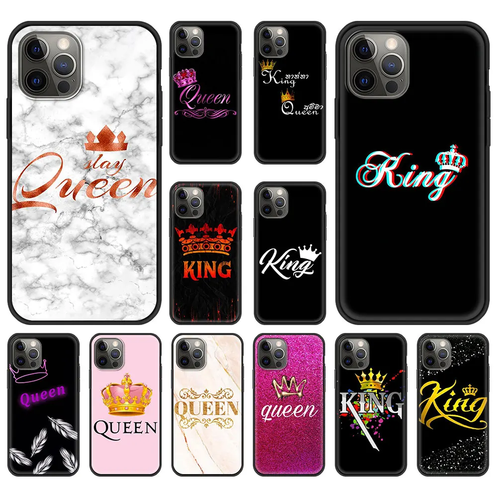 

Letter King Queen Fundas Phone Case Cover For iPhone 11 12 13 Pro XS Max 8 7 Plus X XR Silicon Soft Shell Shockproof Back Coque