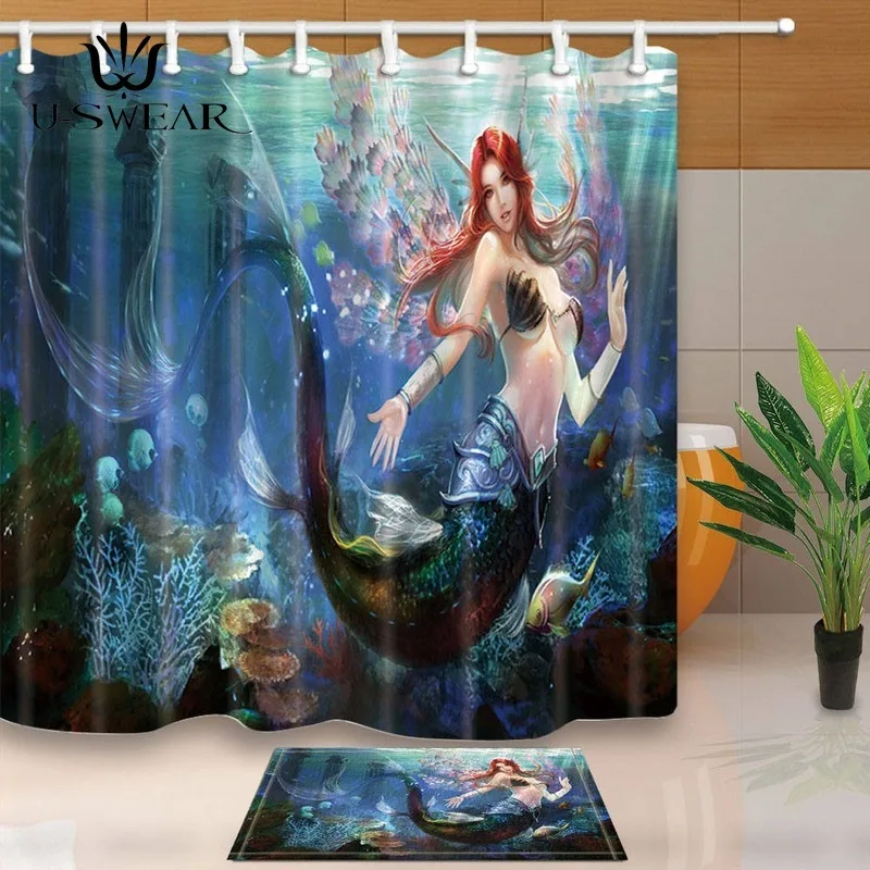 

Cartoon Shower Curtains Mermaid in the Sea 3D Print Bathroom Curtains Waterproof Mildew Proof with Hooks Cortina De Ducha SC1062
