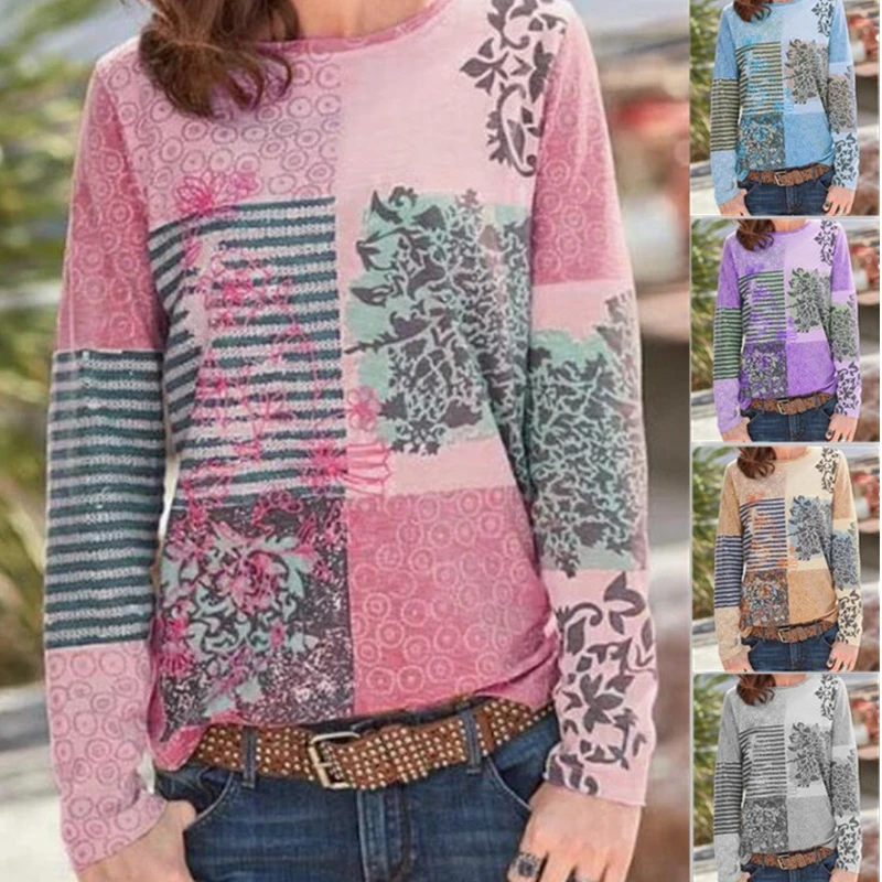 

Ретро футболка с принтом для женщин; Большие размеры Одежда на весенний и осенний сезон, модная свободная с длинным рукавом Повседневная од...