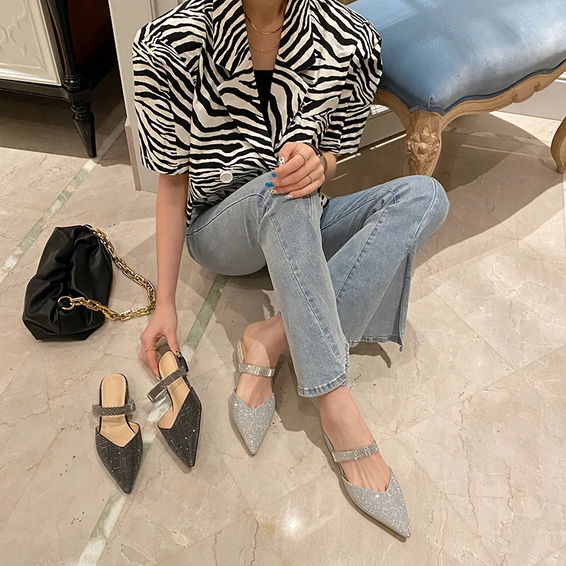 

New shallow mouth pointed sequins cutout rhinestone summer metal sandals and slippers