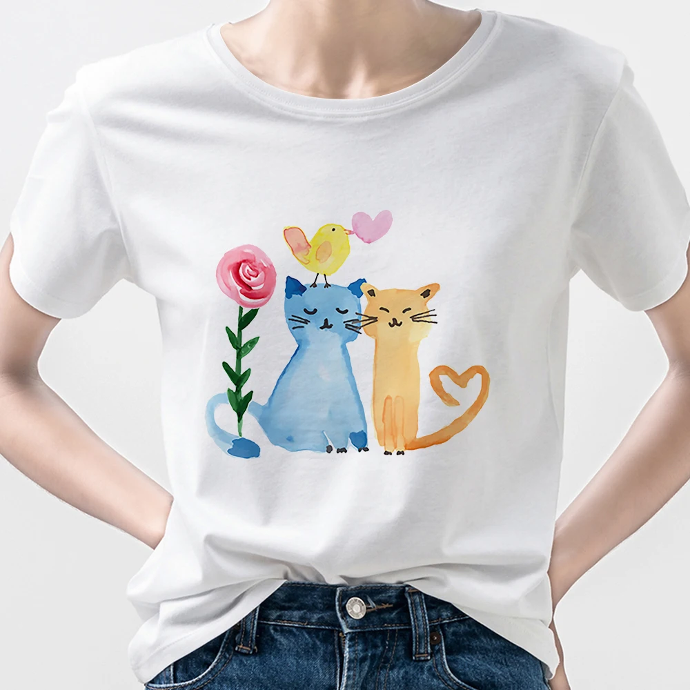 

Lovers T Shirts Women Couple Cat Letter Printed Design Short Sleeve Casual Breathable T-shirt Versatile American Korean Hipster