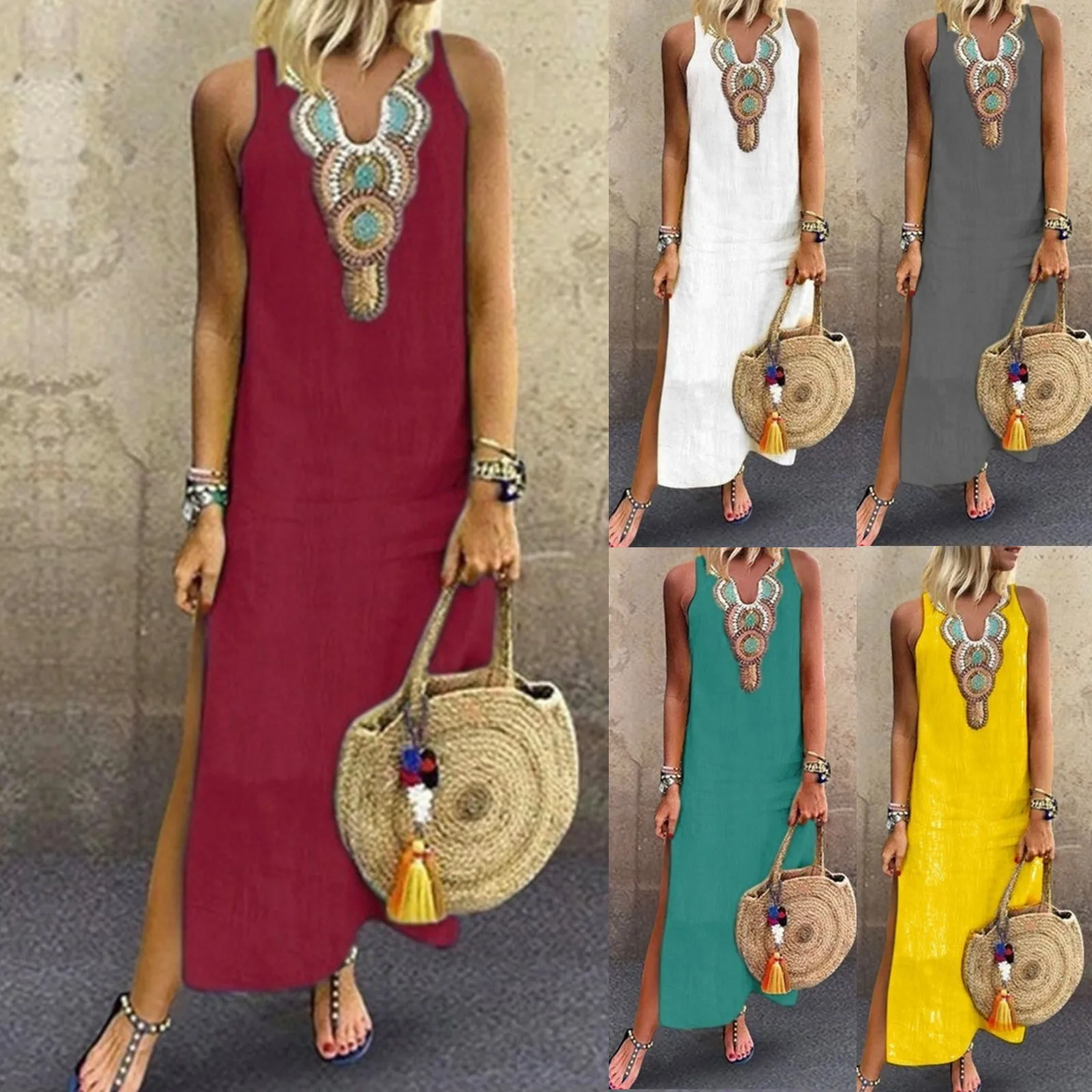 

Plus Size Summer Print Sleevless Sleeve V Neck Maxi Dress Sleevless Vintage Dresses For Women 2021 Summer Clothes