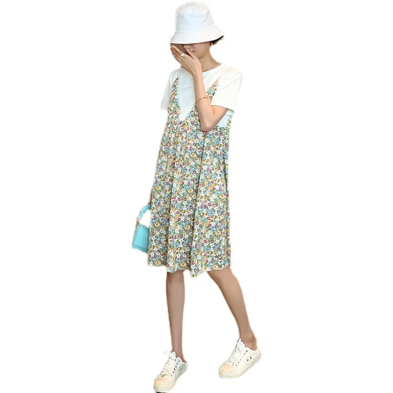 

2021 Summer Women's Plus Size Round Neck Short Sleeve Floral Stitching Maternity Dress Pregnancy Dresses