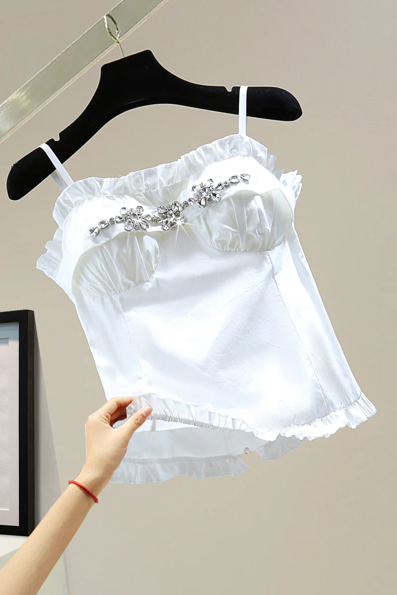 

Exquisite Rhinestone Ruffle Sleeveless Wrapped Chest 2021 Summer Korean Style Slimming Casual Camisole for Women Tank Tops Camis