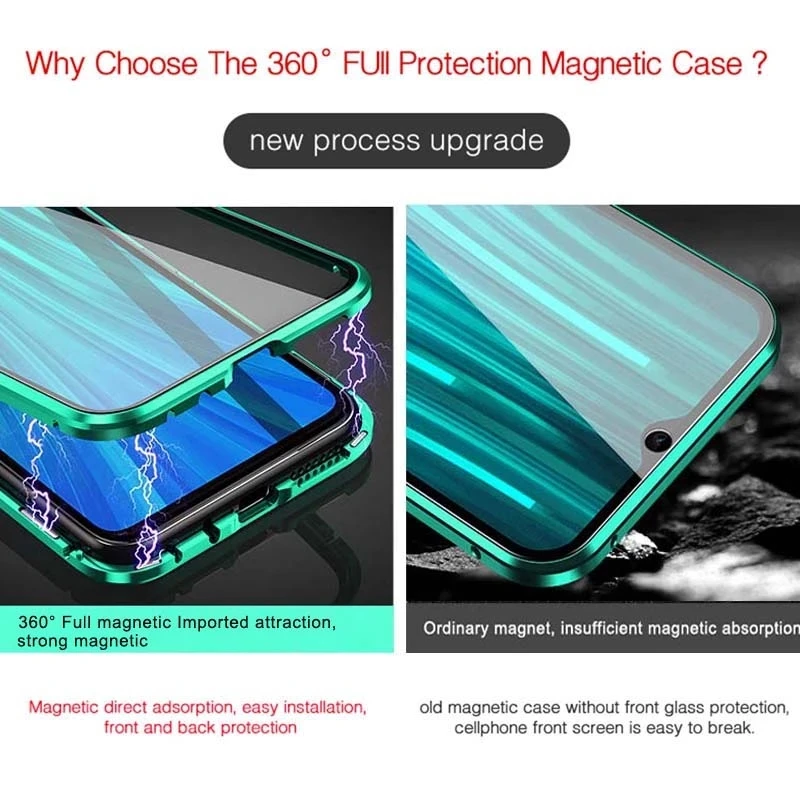 360 Metal Magnetic Case For Xiaomi Redmi Note 10 9 9T 9S 8 7 8T Pro Mi T K20 POCO X3 M3 F3 Tempered Glass Cover | Мобильные телефоны