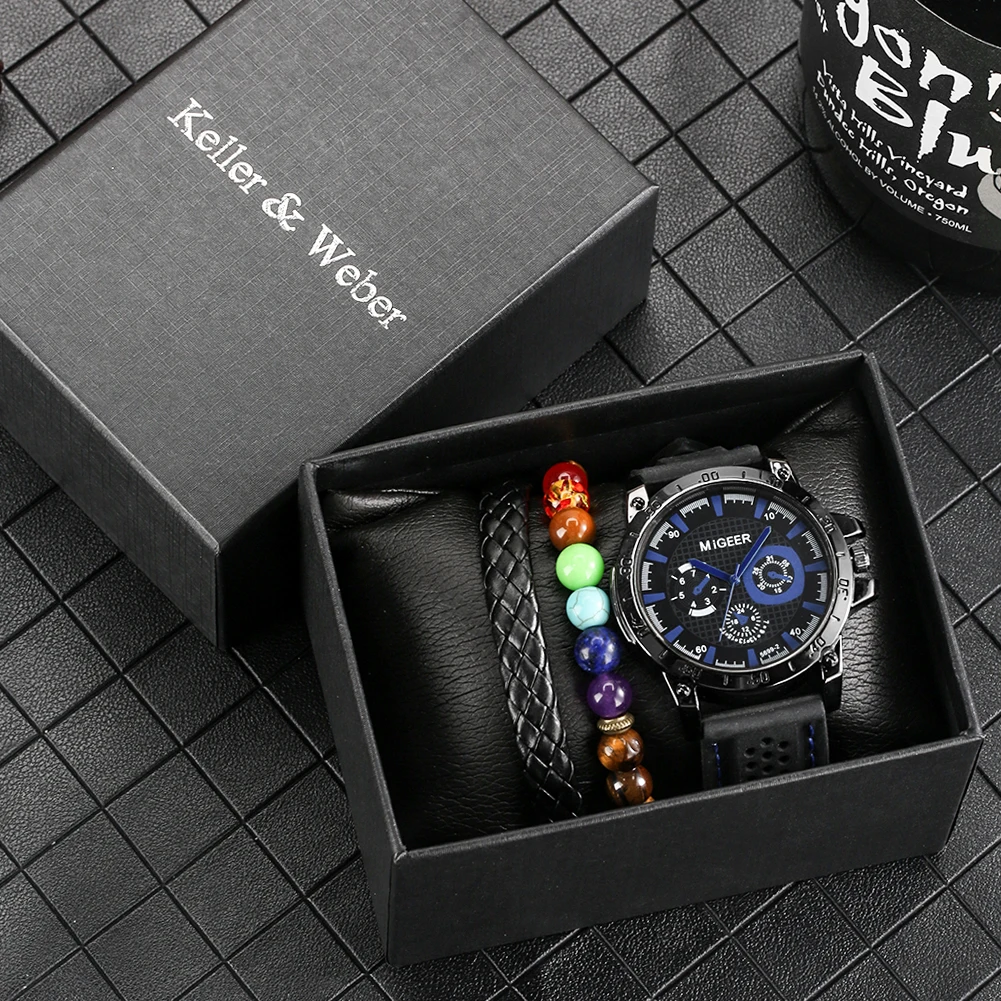 

Fashionable Men's Watch Gift Set Top Design Quartz Watch Braided Band Leather Bracelet