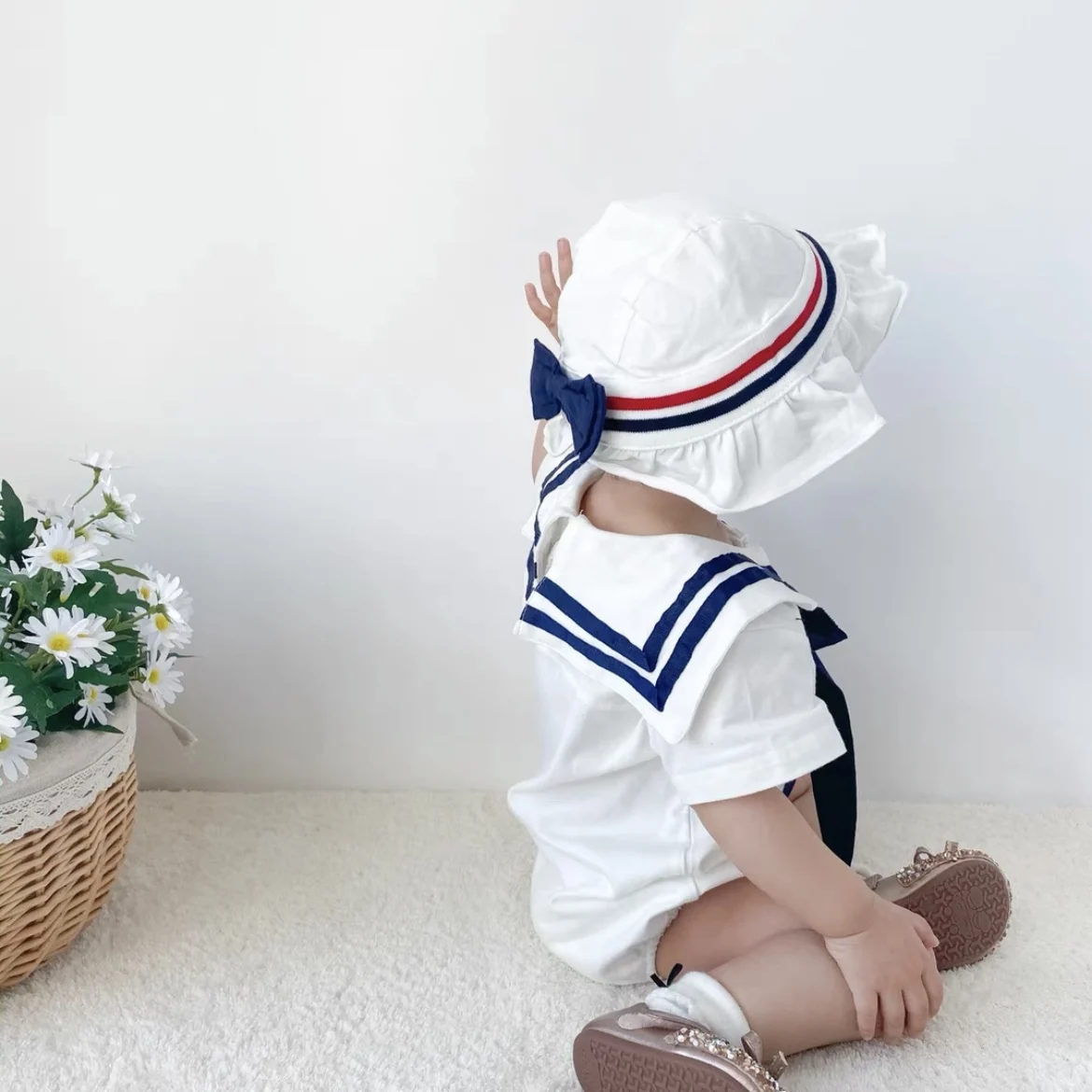 

TONSEN Baby Boy Girl Summer Clothes Set Sailor Collar Short-Sleeved Top Romoer Onesie Jumpsuit+Bucket Hat Babe Toddler Twins