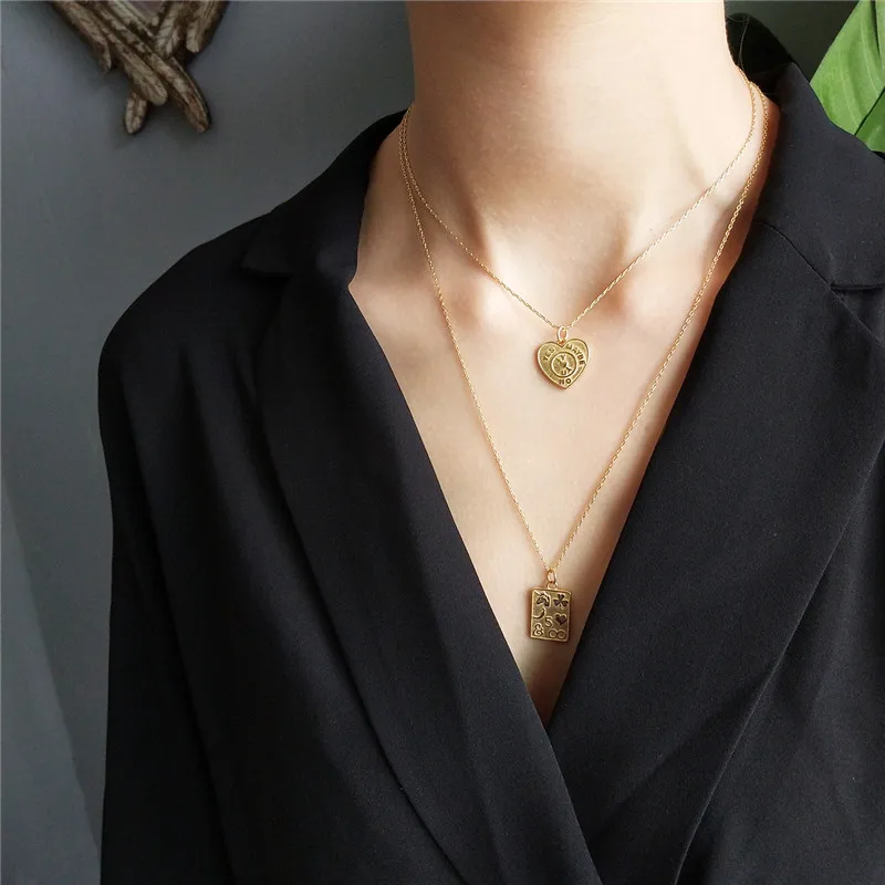 

RUIYI Real 925 Sterling Silver Women Fashion Geometric Heart Square Pendant Necklace Lovers Luxury Jewelry Cross Chain Chokers