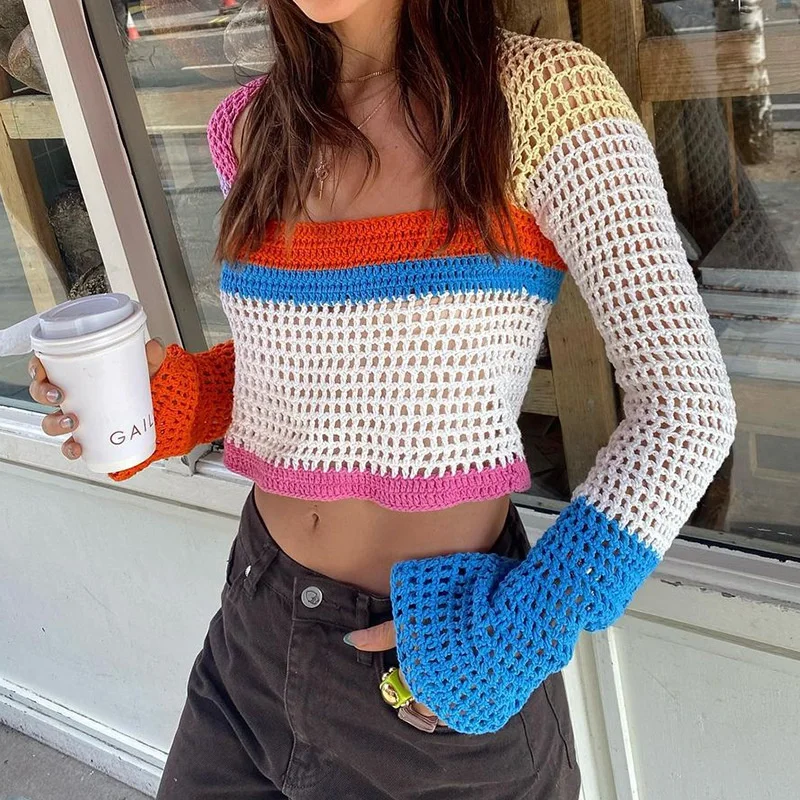 

Knitted Long Sleeve Crop Top Women Beach Y2K Autumn Summer Patchwork Vintage Green Casual T Shirts Sexy Fashion Women Sexy Tops