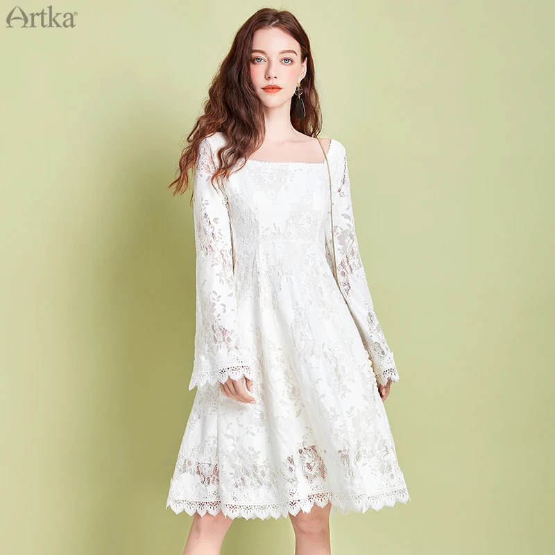 Женское кружевное платье с вышивкой ARTKA белое винтажное принцессы расклешенным