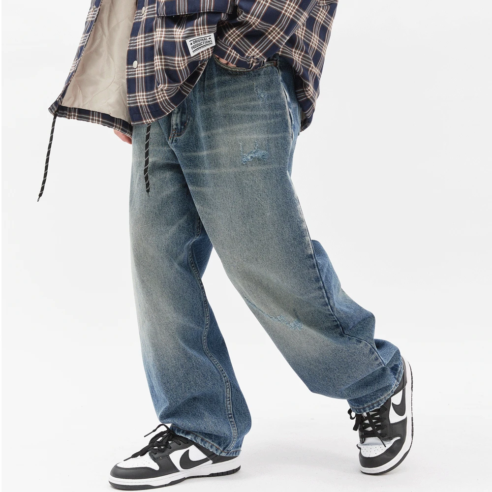 

Rpped Hole Washed Distressed Jeans Men American Style Loose Zipper Wide Leg Pants Fashion Casual Straight Long Pants Plus Size